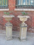 Pair of French Cast Stone Urns on Pedestals