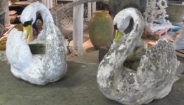 Two Nicely Weathered French Cast Stone Swan Planters